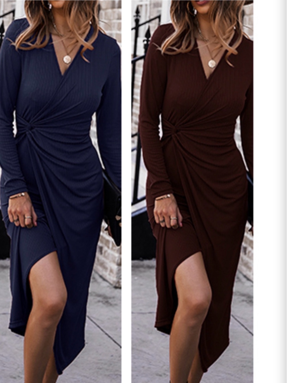 Elegant Brown Long-Sleeve Midi Dress - Classic Women's Dress